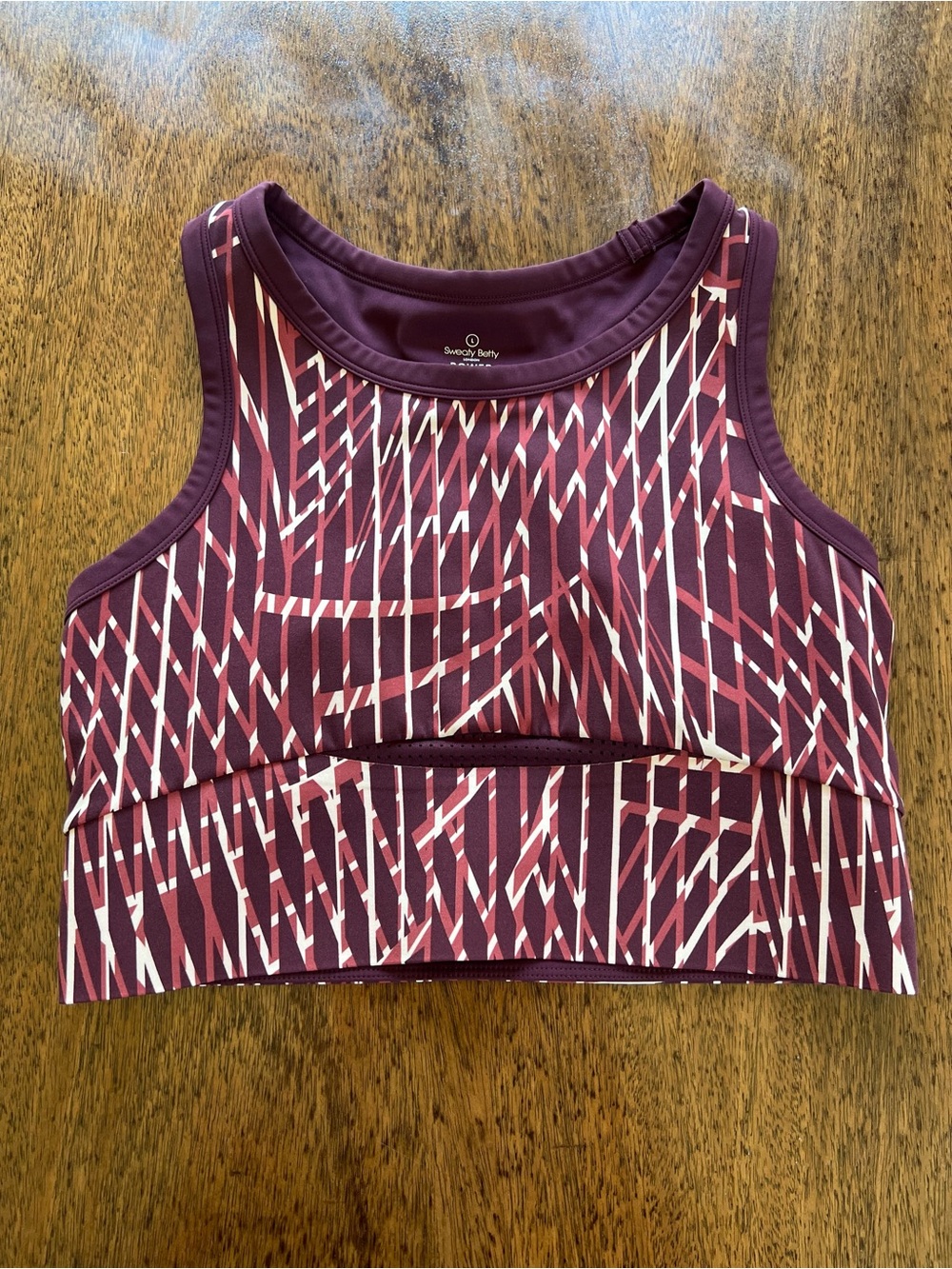 Sweaty Betty Power Sports Bra Crop Top Large Burgundy Geometric Print